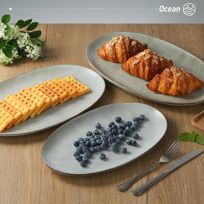 famiware Serving Platter, Oval 15.59/14.3/12.9inch Serving Dishes for Entertaining, Serving Bowls, Reactive Glaze, Stoneware Serving Trays for Party, Food, Turkey, Cheese, Ocean Series, Grey-Ruum Studio Home