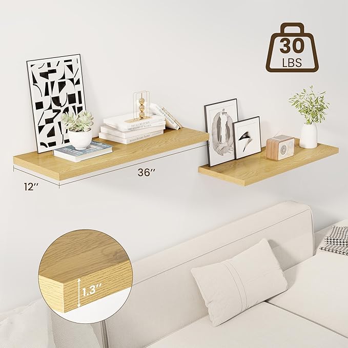 36" Floating Shelves for Wall, 12" Deep Slim Oak Floating Shelves, Wall-Mounted Shelves for Bedroom, Living Room, Kitchen, Bathroom - Set of 2-Ruum Studio Home