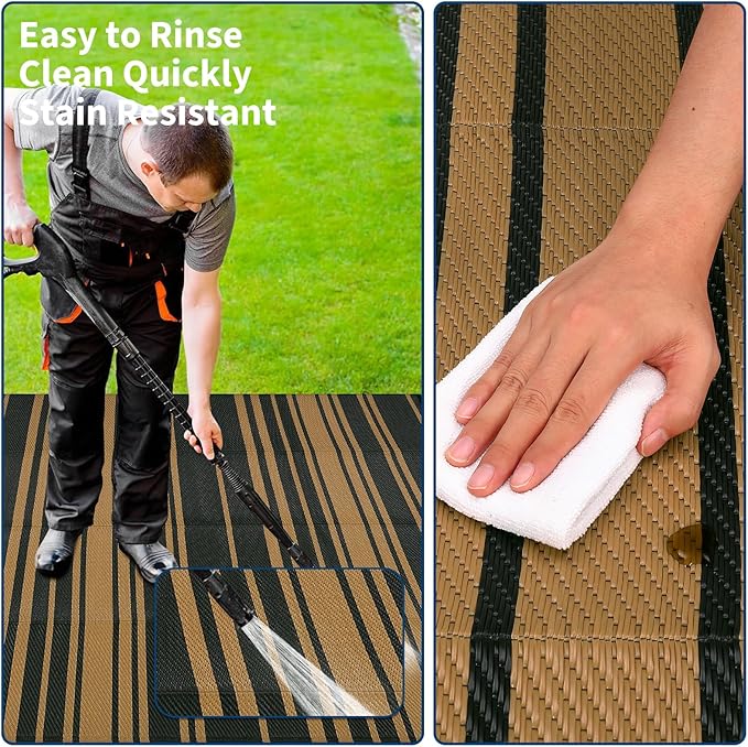 Waterproof Outdoor Rug 8x10 Contemporary Reversible Plastic Straw Rug, Easy Cleaning Striped Patio Carpet, UV-Resistant Indoor Outdoor Floor Cover for RV, Porch, Deck, Backyard, Black Brown-Ruum Studio Home