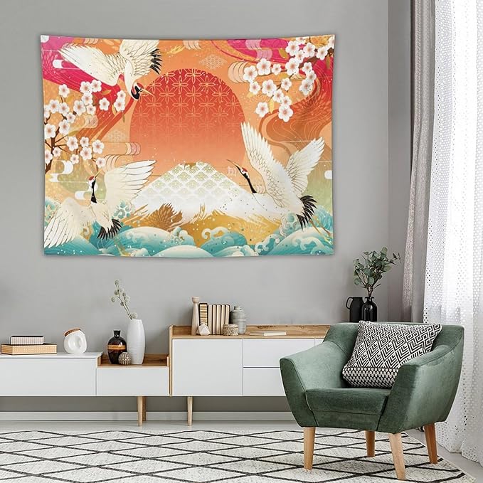 HZOHNAGO Japanese Tapestry Cherry Blossom Crane Sea Wave Fuji Mountain Red Sun Pattern Printed Wall Tapestry Painting Wall Hanging for Bedroom Living Room Dorm 80" W x 60" H-Ruum Studio Home