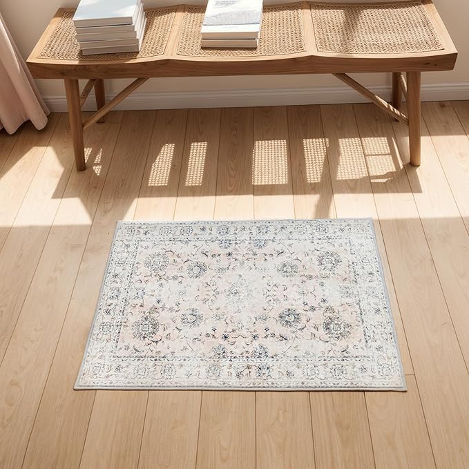 2'x3' Vintage Floral Rug - Persian Inspired Low-Pile Faux Wool Area Rug, Non-Slip Washable Small Rug for Bedroom, Nursery, Dorm, Soft Pink Boho Chic Decor-Ruum Studio Home