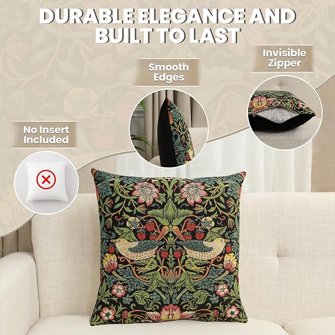 Charlotte Home Furnishings Throw Pillow Covers, Decorative Boho Pillow Covers for Couch, Living Room, Black Strawberry Square Cushion Cases 18x18 in, European Cotton Jacquard Woven, Cozy Bedroom Decor-Ruum Studio Home