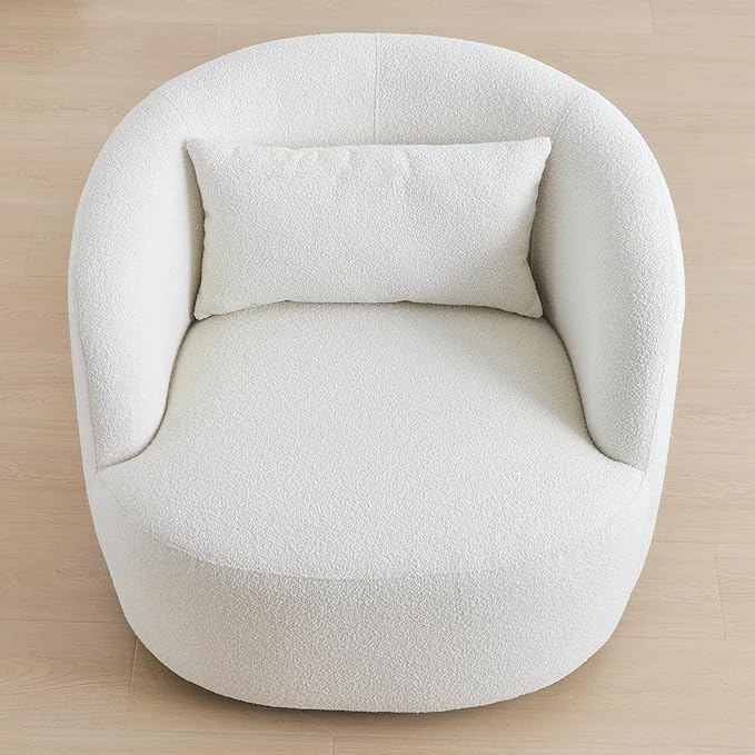 KINWELL 34" Wide Sherpa Swivel Barrel Chair, No Assembly Round Boucle Upholstered Accent Chair Armchair Single Sofa Chair with Toss Pillow for Living Room and Bedroom, Beige-Ruum Studio Home