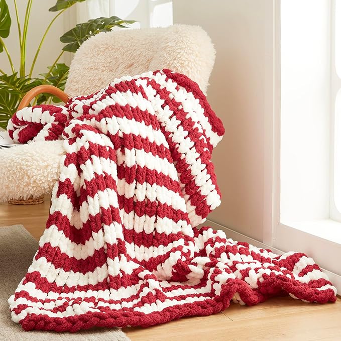 Amélie Home Chunky Knit Blanket Throw, Thick Soft Yarn Chunky Throw 50x60, Handmade Chenille Cable Knitted Crochet Throw Blanket, Warm Rope Knot Blanket for Couch Bed Sofa, Red White Stripe-Ruum Studio Home