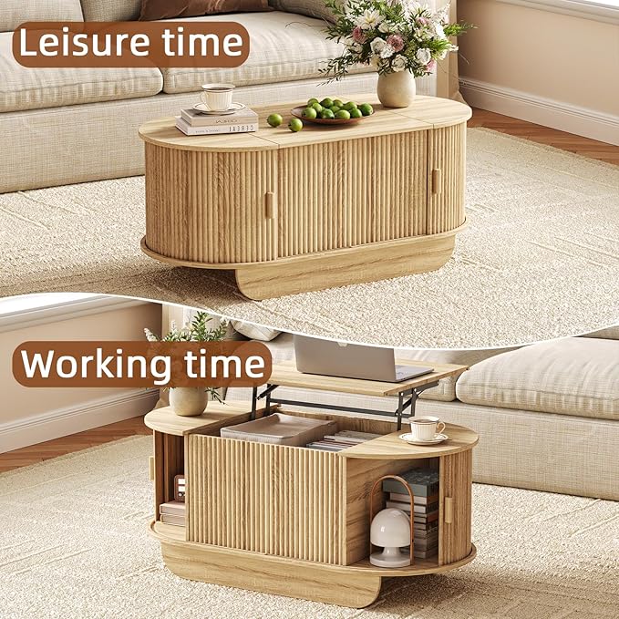Lift Top Coffee Table with Storage,Oval Wood Coffee Table with Sliding Doors & Hidden Compartment, Fluted Center Table for Home,Living Room,Office, Natural-Ruum Studio Home
