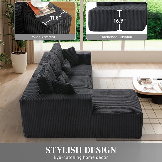 HYJT-H&K Modular Sectional Sofa Cloud Sectional Couch, 107" Comfy Fluffy L Shaped Dark Black Couches for Living Room, Deep Seat Memory Foam Plush Corduroy Boneless Couch Sectionals Left Facing Chaise-Ruum Studio Home