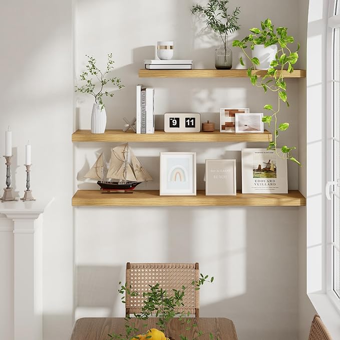 48 Inch Floating Shelves Set of 2, Rustic 48 x 9 Floating Shelf for Wall, 9 Inch Deep Bookshef Invisible Bracket, Wall-Mounted Deep Shelving for Bedroom, Kicten, Living Room, Oak Color-Ruum Studio Home