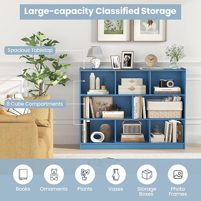 Tangkula 8-Cube Bookcase, Wood 3 Tier Open Storage Bookshelf, Modern Multipurpose Display Cabinet for Living Room, Study, Reading Nook, 48 x 12.5 x 36.5 Inch (Bright Blue)-Ruum Studio Home