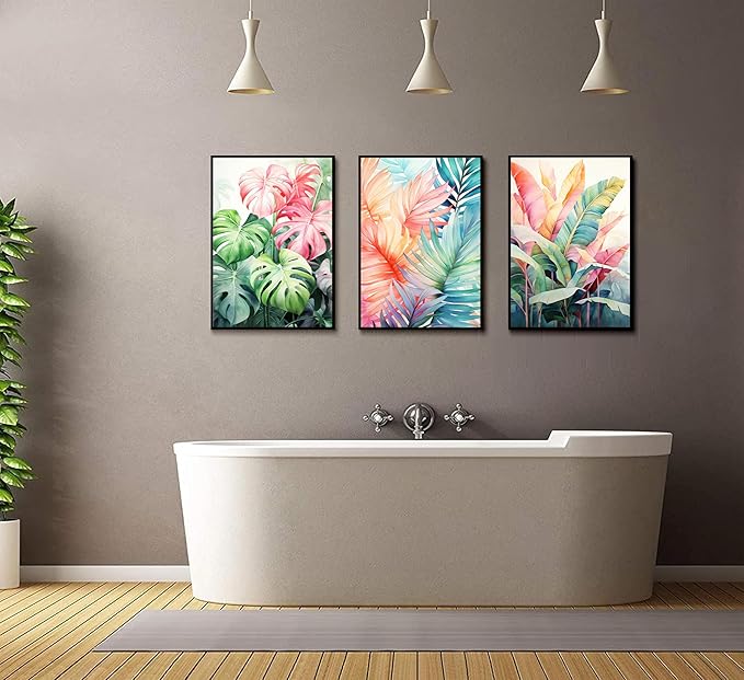 3pcs Tropical Botanical Canvas Wall Art Monstera Leaves Posters Botanical Prints Bohemian style Wall Decor Pictures Palm Leaves Paintings for Bathroom living room Decoration Unframed-Ruum Studio Home