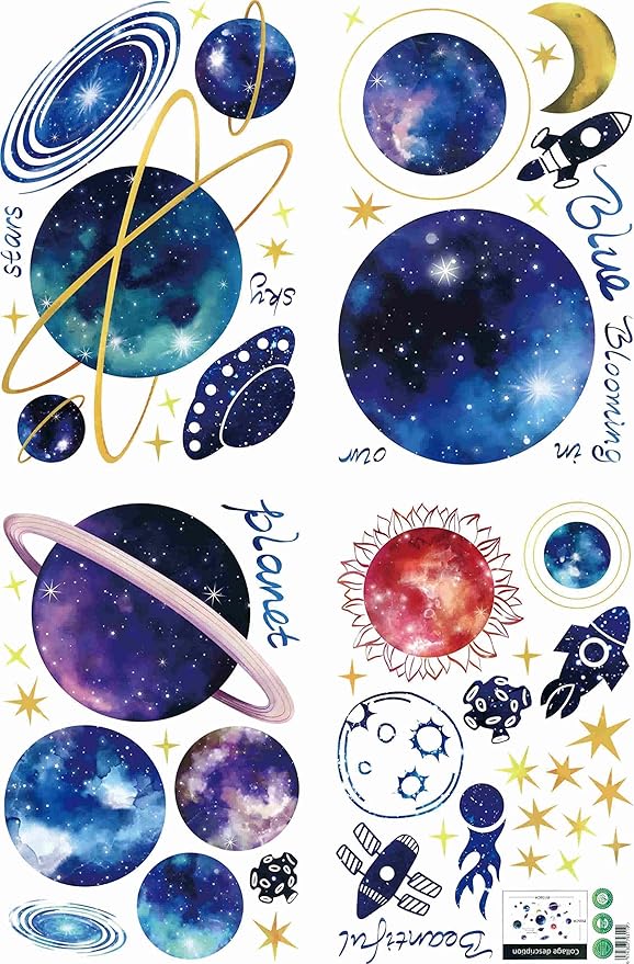 Quanhaigou Blue Purple Galaxy Wall Decals, Removable Sticker,The Art Magic 3D Milky Way Cosmic Stars Spacecraft Dreamscape Home Decor for Bedroom Living Room Floor Ceiling Kids Room-Ruum Studio Home