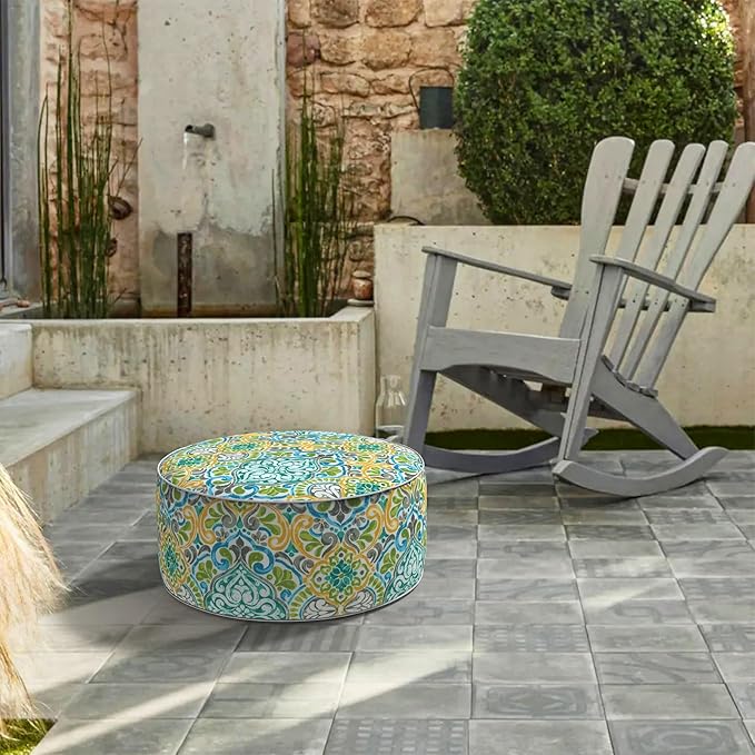 LVTXIII Inflatable Stool Ottoman Footrest with Handle, All Weather Foot Rest, Indoor or Outdoor Use for Home Patio Garden and Camping, D21 x H9, Damask Green-Ruum Studio Home
