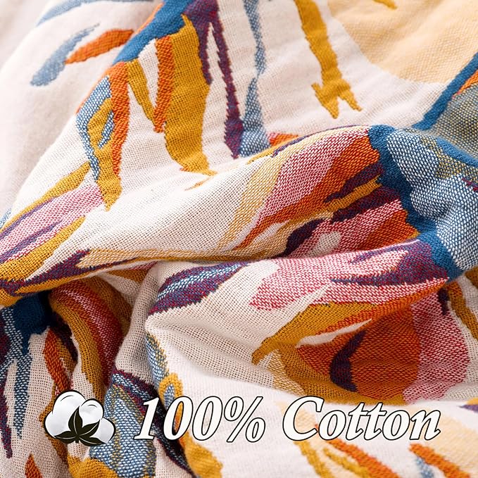 Snycler Boho Throw Blanket for Bed - 100% Cotton Ultra Soft Rustic Quilt - Watercolour Floral Printed Farmhouse Decor Bed Fall Blankets,80"×90" All Season Rustic Throw for Sofa Couch Chair-Ruum Studio Home