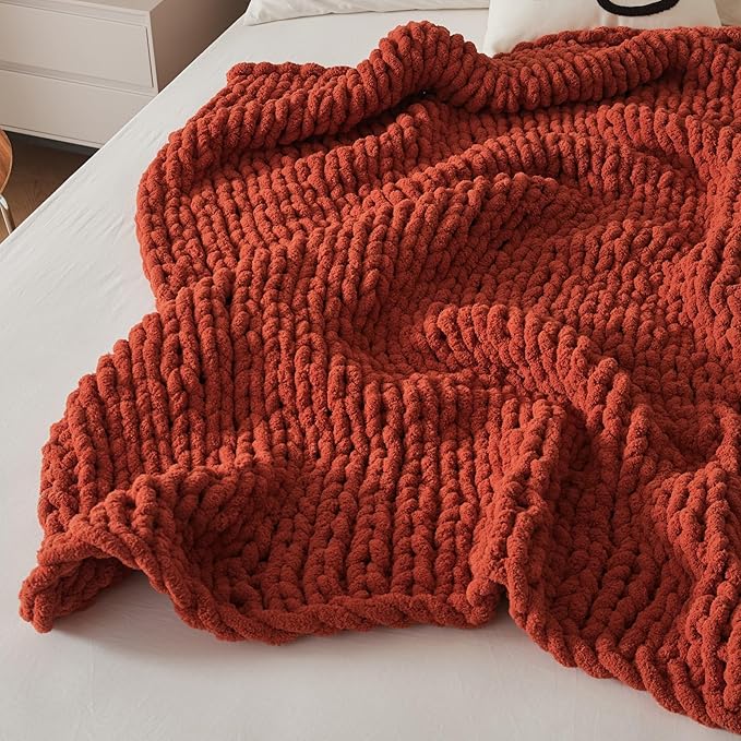 WESHIONGOO Chunky Knit Blanket Throw Knitted Throw Blankets for Couch Bed Fluffy Soft Blanket with Jumbo Chenille Yarn Thick 100% Handmade(Rust, 50"×60")-Ruum Studio Home
