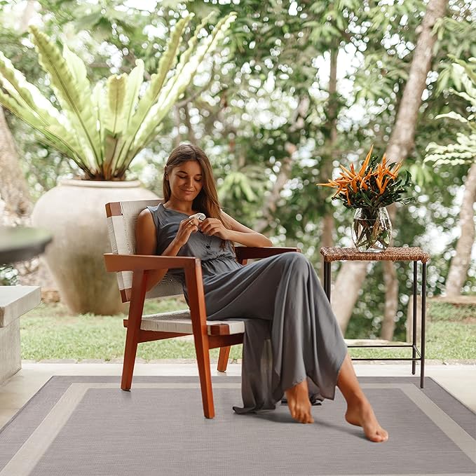 CAMILSON Outdoor Rug 9x12,Large Modern Outside Rugs for Patios Porches Waterproof Durable Washable Non-Shedding, Easy-to-Clean Indoor Outdoor Area Carpet (9 x 12, Bordered - Gray/White)-Ruum Studio Home