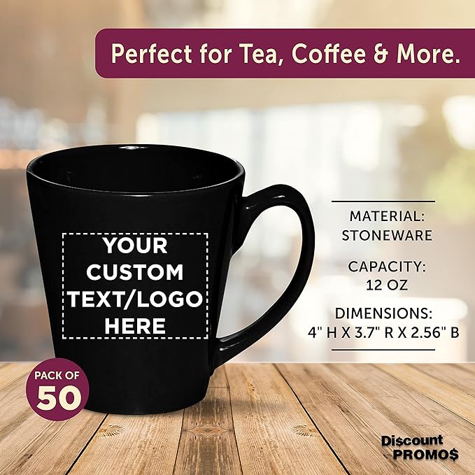 DISCOUNT PROMOS Custom Glossy Ceramic Latte Coffee Mug 12 oz. Set of 50, Personalized Bulk Pack - Perfect for Tea, Espresso, Cappuccino, Hot Cocoa - Black-Ruum Studio Home