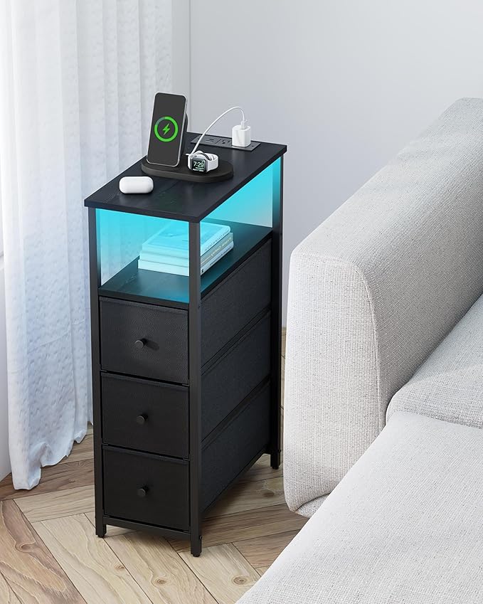 TUTOTAK Narrow LED Night Stand with Charging Station, Slim End Table with Plugins, Tall Side Table with 3 Fabric Drawer, Small Bedside Table with Storage, for Living Room, Black TB01BK086L-Ruum Studio Home