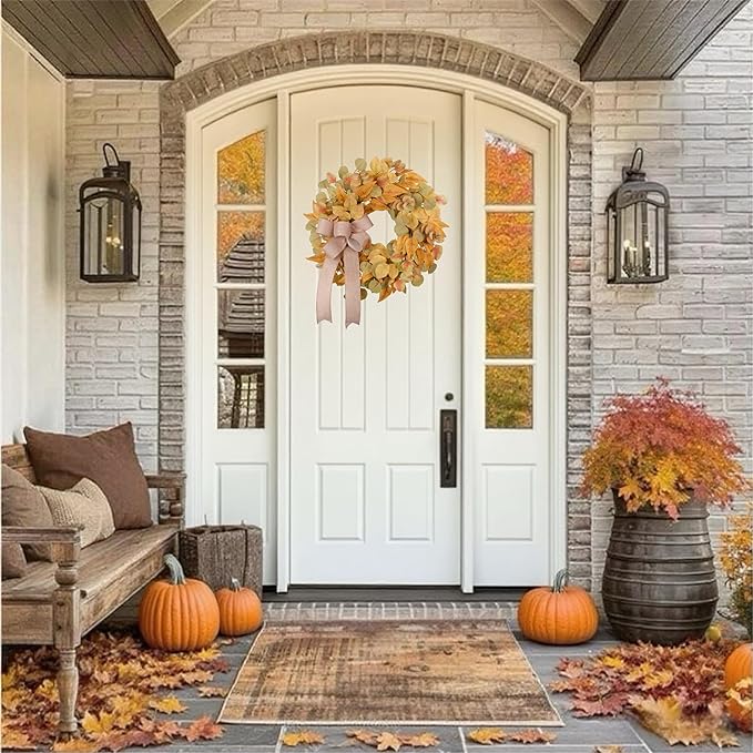Fall Wreath for Front Door 24 Inch, Autumn Colored Faux Leaves Wreath with Bow, Simple & Minimalist Fall Decoration for Home Farmhouse Door Wall Window Indoor/Outdoor-Ruum Studio Home