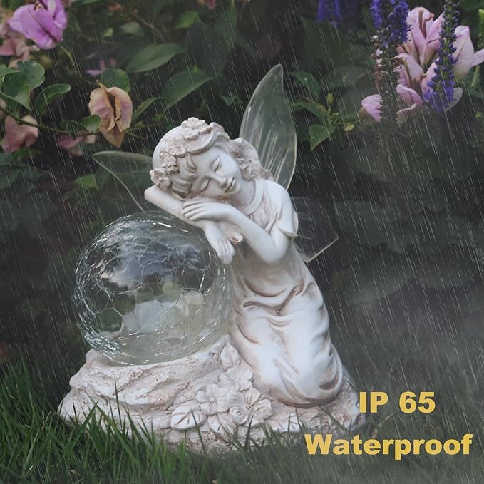Solar Angel Garden Statue Outdoor Decor with Crackle Glass Globe Color Changing Light Angels Garden Figurines Garden Decor Lawn Ornaments for Patio Yard Lawn-Ruum Studio Home