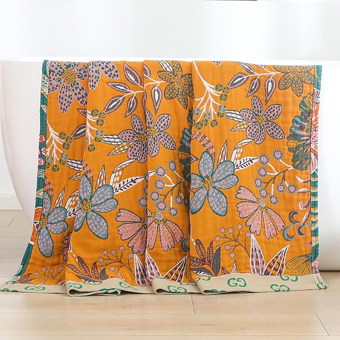 Boho Throw Blankets Reversible Luxurious Cotton Bed Throws with Vintage Bohemian Design & Yellow/Green Lightwight Floral Decor Blanket, Perfect as Bed Sofa Quilt 60" x 80"-Ruum Studio Home