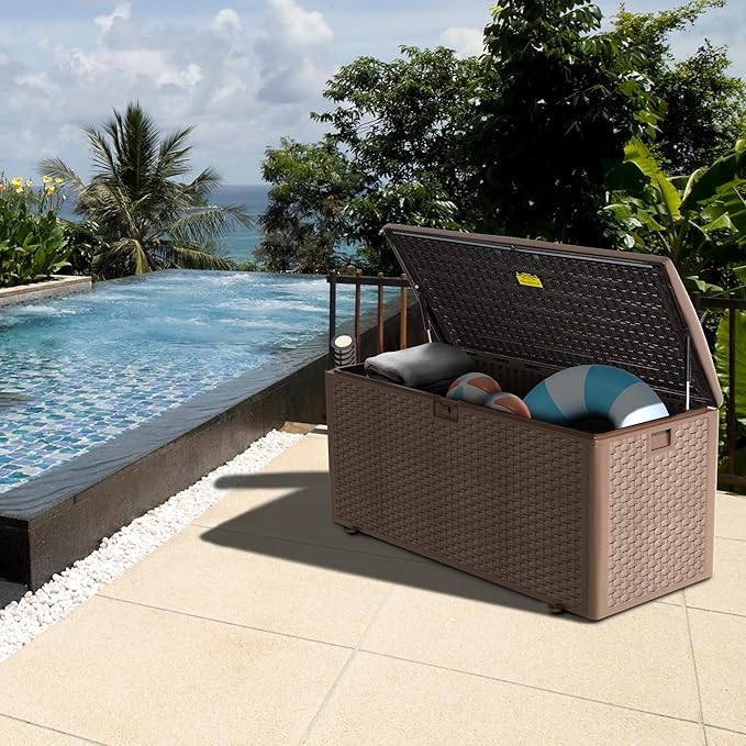 180 Gallon Pro Outdoor Storage Box Waterproof Lockable Resin Deck Box Large, Patio Storage Bin for Pool Accessories Cushion Furniture, Garden Tools, UV-Resistant Outside Delivery Brown-Ruum Studio Home