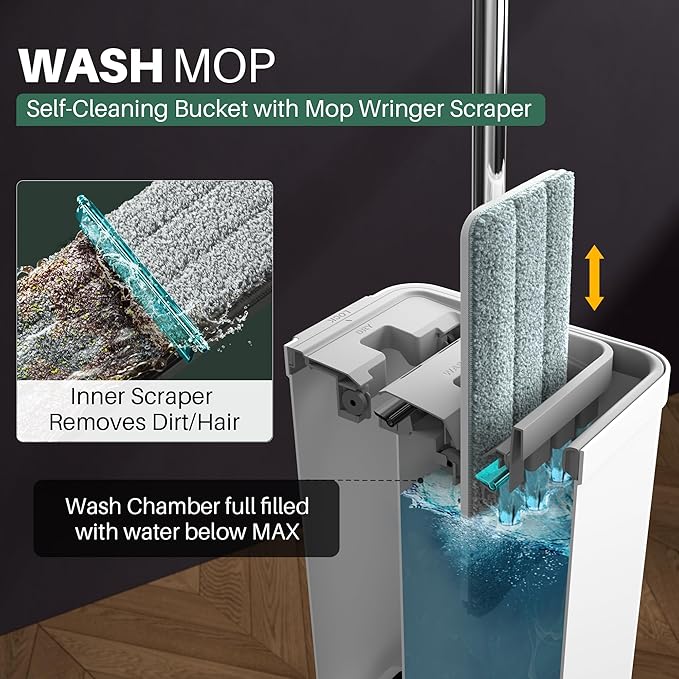 JOYMOOP Mop and Bucket with Wringer Set, White Flat Squeeze Mop Bucket Set for Floor Cleaning, Wet Dry Mops for Walls, Wall Cleaner with Long Handle, Hardwood Floor Mop-5 Microfiber Cloths-Ruum Studio Home