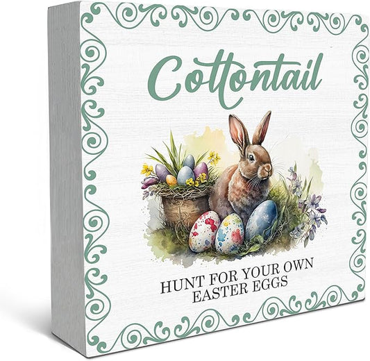 SRADMO Easter Wooden Block Decorative Sign, 5x5 inches, Wood, Tabletop Mount, Multicolor, Easter Theme, Rustic Style, Pre-Printed Text: Cottontail-Ruum Studio Home
