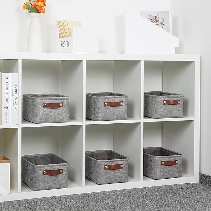 DULLEMELO Small Storage Baskets 11.8"x7.9"x5.1", Fabric Storage Bins for Shelves,Closets,Nursery,Home,Office [3 Pack], Collapsible Storage Baskets with Leather Handles (Gray)-Ruum Studio Home
