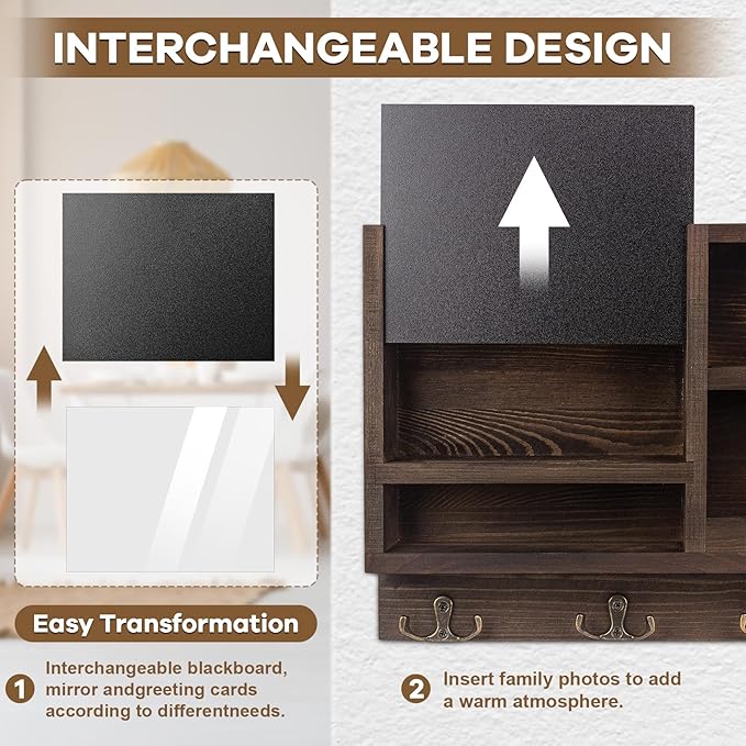 Key Holder for Wall, Mail Organizer Wall Mount with Key Hooks and Chalkboard & Mirror for Sunglasses Storage and Dog Leash Hanger, Decorative with 4 Double Hooks-Ruum Studio Home