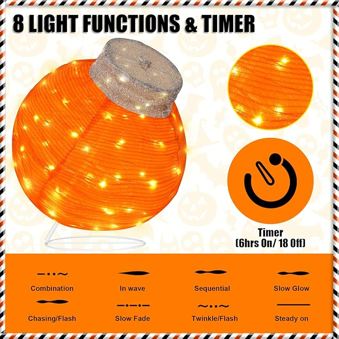 BRIGHTDECK Outdoor Halloween Ornaments, Lighted Pop-Up Outdoor Holiday Ball Decoration with 80 LED Lights, 8 Light Modes, Lighted Collapsible Holiday Decorations for Yard, Home(Orange)-Ruum Studio Home