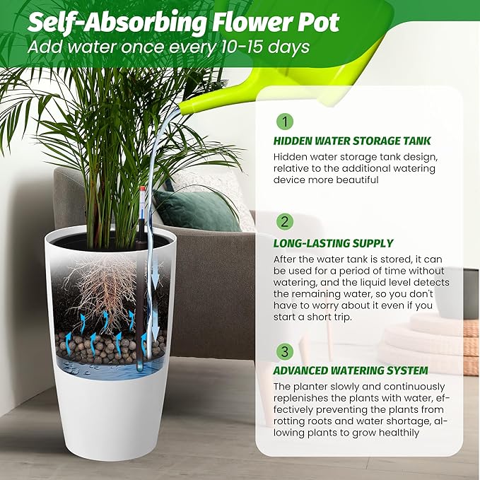22" Tall Round Planter Set of 2, Self Watering Pots for Indoor Plants, Large Flower Pot Outdoor with Built-in Drainage and a Water Level Monitor, for Patio, Porch, Living Room, or Home Office, White-Ruum Studio Home
