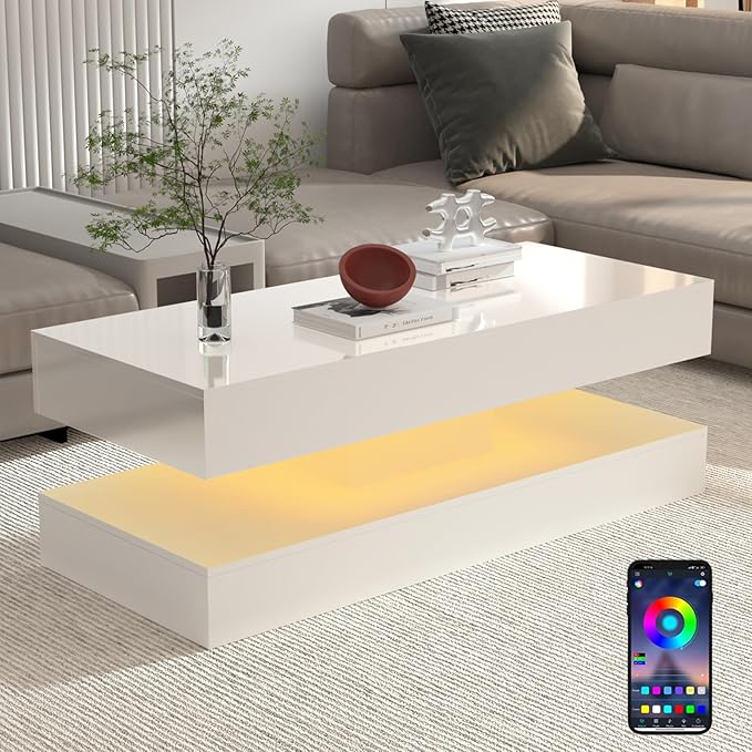 Uspeedy 47.3IN High Glossy LED Coffee Table,APP LED Lights,Black/White, Modern Furniture for Living Room (White)-Ruum Studio Home