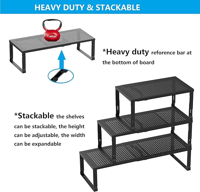 Expandable Spice Rack,Stackable Storage for Cabinet, Multi-Functional Kitchen Shelving,Height-Adjustable,Sustainable Organizer Solution(2Packs/Black/Large)-Ruum Studio Home