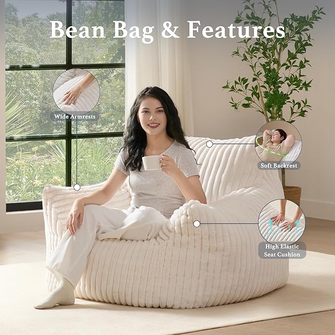 Giant Plush Bean Bag Chair for Adults with Armrests - Oversized Comfy Beige Beanbag Lounge Lazy Floor Sofa Accent Chair for Living Room, Bedroom & Dorm, Cozy Fluffy Single Cloud Mini Couch-Ruum Studio Home