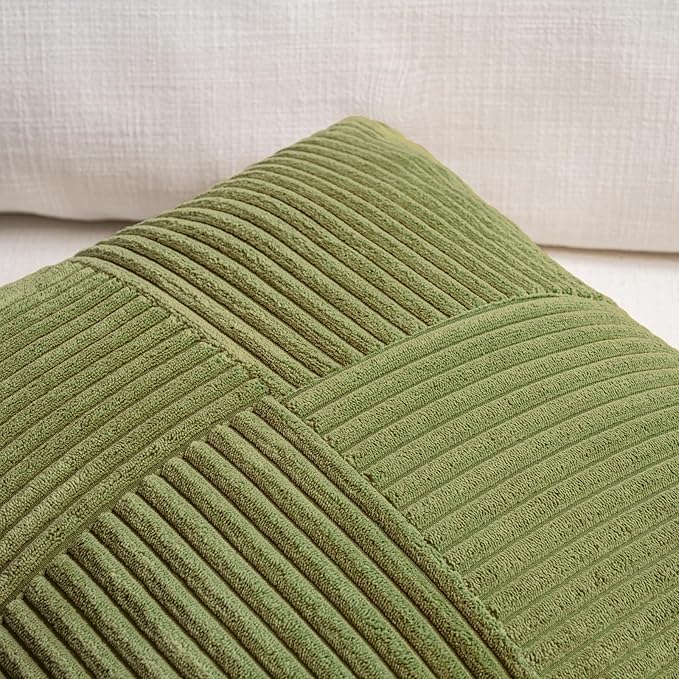 Fancy Homi 2 Packs Moss Green Decorative Throw Pillow Covers 16x16 Inch for Living Room Couch Bed, Rustic Farmhouse Boho Home Decor, Soft Corss Patchwork Corduroy Textured Square Cushion Case 40x40 cm-Ruum Studio Home