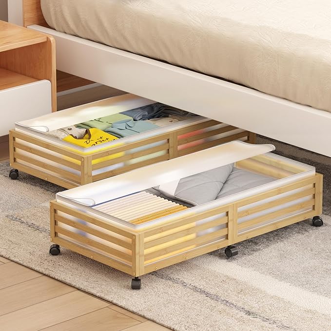 Under Bed Storage Containers With Wheels - 2 Pcs Large Bamboo Wood Rolling Underbed Shoe Storage Bins With Dust Bags for Clothes Blankets, Duvet Covers Snacks Toys (Natural)-Ruum Studio Home