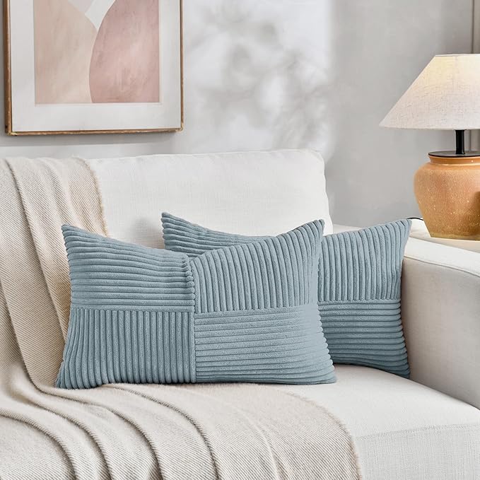 Fancy Homi Set of 2 Light Blue Long Lumbar Decorative Throw Pillow Covers 12x24 Inch for Couch Bed Sofa, Rustic Farmhouse Boho Home Decor, Soft Striped Corduroy Rectangle Accent Cushion Case 30x60 cm-Ruum Studio Home