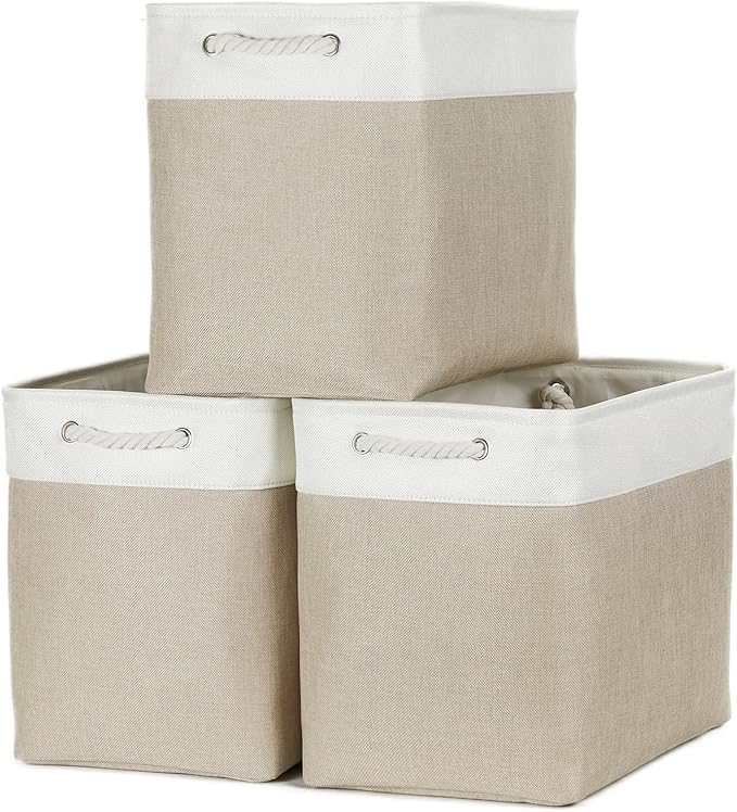 Bidtakay Extra Large Storage Baskets for Organizing 17x12x15.1 inch 3-Pack Fabric Closet Organizers Storage Bins with Handles Foldable Storage Baskets for Shelves Clothes XL-White&Beige-Ruum Studio Home