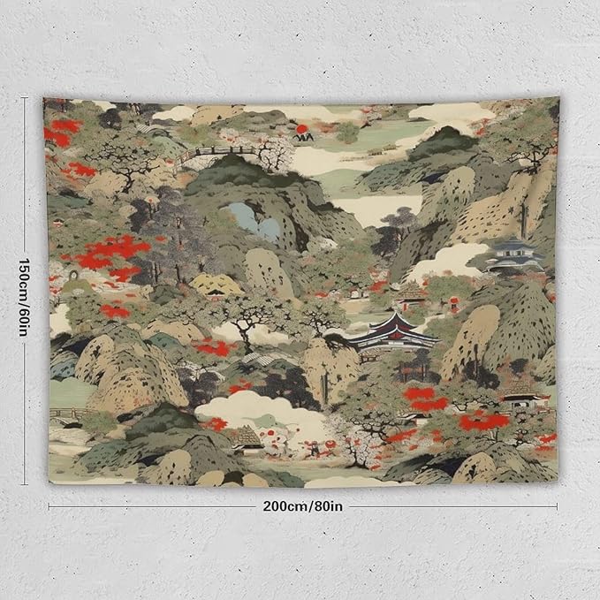 Asian Tapestry,Japanese Red Landscape Asian Watercolor Abstract Art Tapestry, Asian Japanese Wall Tapestry, Nature Landscape Tapestries for Bedroom Living Room Decor 80"x60"-Ruum Studio Home