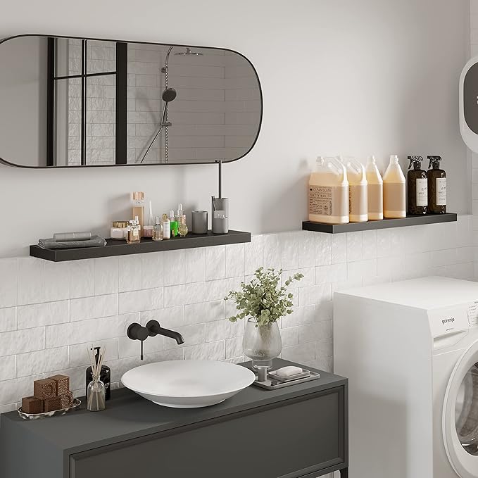 BAMEOS Floating Shelves, 31W x 8D Black Wall Mounted Wooden Shelves with Invisible Brackets Set of 2, Hanging Wall Shelves Decoration for Bedroom, Bathroom, Living Room and Kitchen-Ruum Studio Home