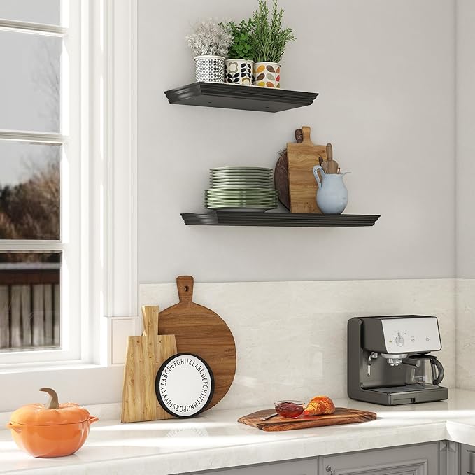 Floating Shelves for Wall, 16 Inch Wall Mounted Black Hanging Shelf for Kitchen, Living Room, Office, Bedroom, Bathroom, Retro Vintage Wood Bookshelf for House Decor-Ruum Studio Home