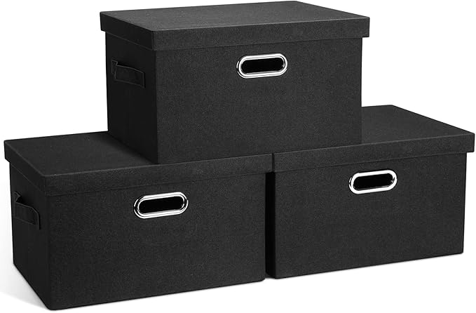 Medium 15" 21 Quart Collapsible Stackable Storage Bins with Lids, 3 Packs Black Foldable Fabric Closet Boxes Heavy-duty Lidded Linen Cube Basket Container Organizer and Storage for Bedroom-Ruum Studio Home