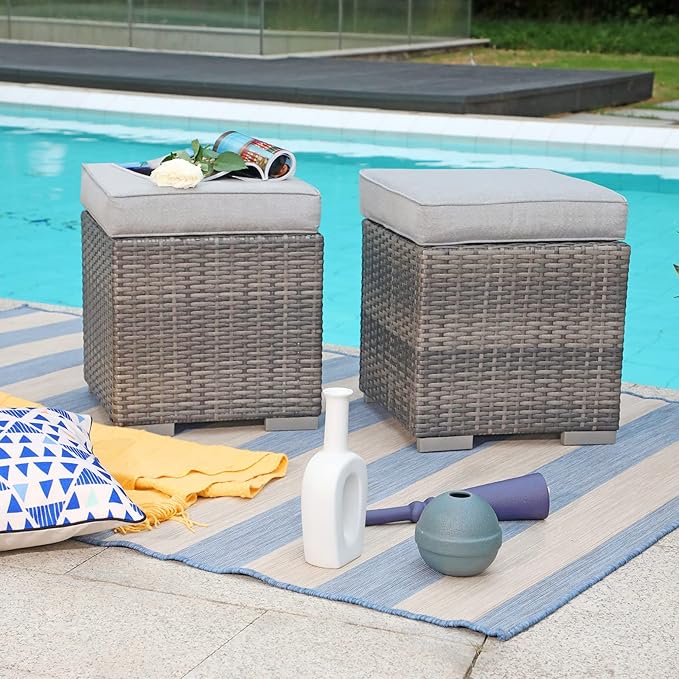 Patiorama 2 Pieces Assembled Outdoor Patio Ottoman, Indoor Outdoor All-Weather Grey Wicker Rattan Outdoor Footstool Footrest Seat with Light Grey Cushions, No Assembly Required-Ruum Studio Home