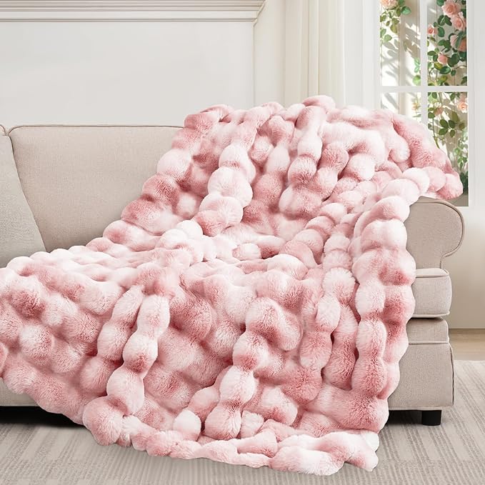 Luxury 1000GSM Faux Rabbit Fur Throw Blanket for Woman, Super Heavy Warm Cozy Blankets for Her for Couch Bed Sofa, Bubble Plush Fuzzy Elegant Soft Reversible Mink Blanket for Living Room Bedroom, Pink-Ruum Studio Home