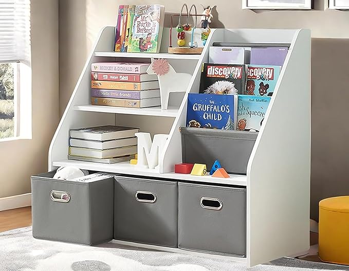 Wood Kids Bookshelf, Toy Organizer with Bookshelf, Montessori Toy Shelf W/Sling Rack & Fabric Toy Bins, Toy Storage Organizer for Toddler Children, Wooden Book Shelf for Kids Room Playroom-Ruum Studio Home