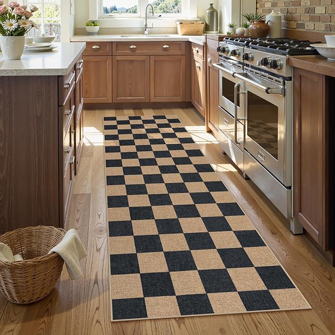 Lahome Checkered Easy Jute Runner Rug, 2x8 Kitchen Rug Non Slip Washable Outdoor Runner for Entryway Indoor, Checkerboard Black Indoor Outdoor Carpet for Hallway 8ft Entry-Ruum Studio Home
