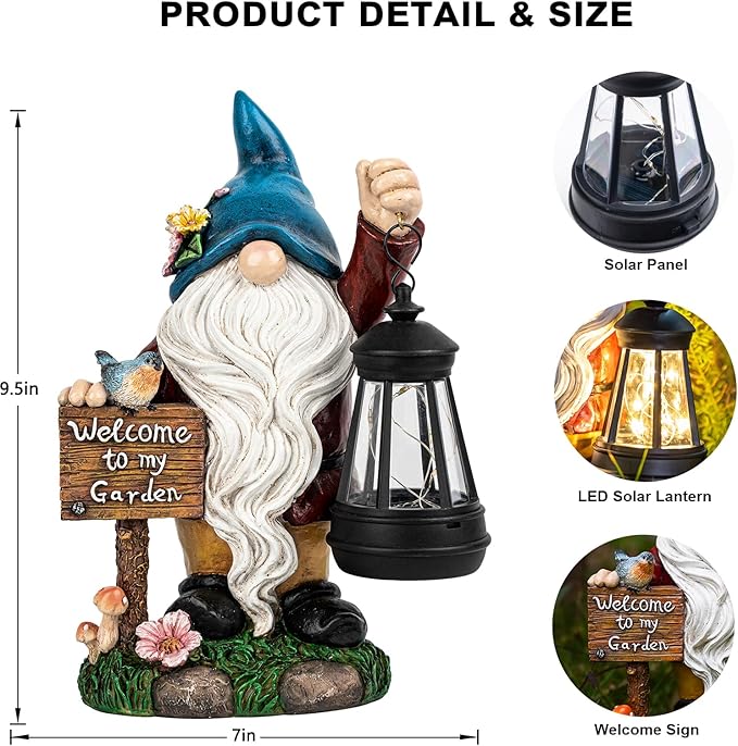 Garden Gnome Statues Figurine Lights - Solar Powered Lighting Outdoor Decorations with Lantern & Welcome Sign, Yard Art Lawn Ornaments for Porch Patio Balcony - Gnome Gifts for Women Mom-Ruum Studio Home