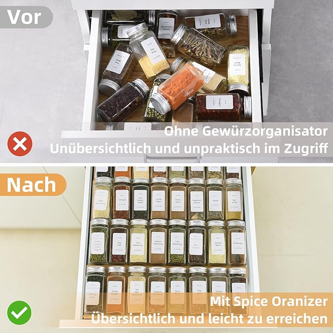 Spice Drawer Organzier,4 Tiers Bamboo Spice Rack Tray Insert for Cabinet Drawer Countertop, Kitchen Seasoning Storage Drawer Organization,14.57" Wide x 15.8" Deep （Hold UP To 32 Jars-Ruum Studio Home