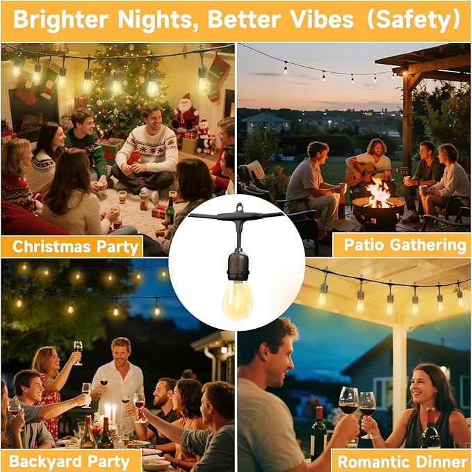 Outdoor Safety String Lights 200FT - 24V 20W Commercial Grade Low Voltage Strand with 80 S14 Shatterproof Bulbs for Tree Garden Yard Cafe Bistro | Warm Yellow 3500K | IP65 Waterproof | UL Listed-Ruum Studio Home