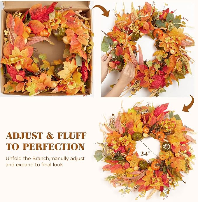 Fall Wreath for Front Door,24" Autumn Front Door Wreath Fall Decorations with Pumpkins Hydrangea Maple Leaves for Porch Window Farmhouse Halloween Thanksgiving Harvest Festival Home Decor-Ruum Studio Home