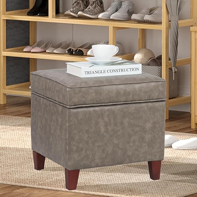 Adeco 17.5" Square Faux Leather Ottoman with Storage - Upholstered PU Foot Rest - Flip Top Footstool with Sturdy Wood Legs, Small Cube Coffee Table Extra Seat for Living Room, Bedroom, Coffee Brown-Ruum Studio Home